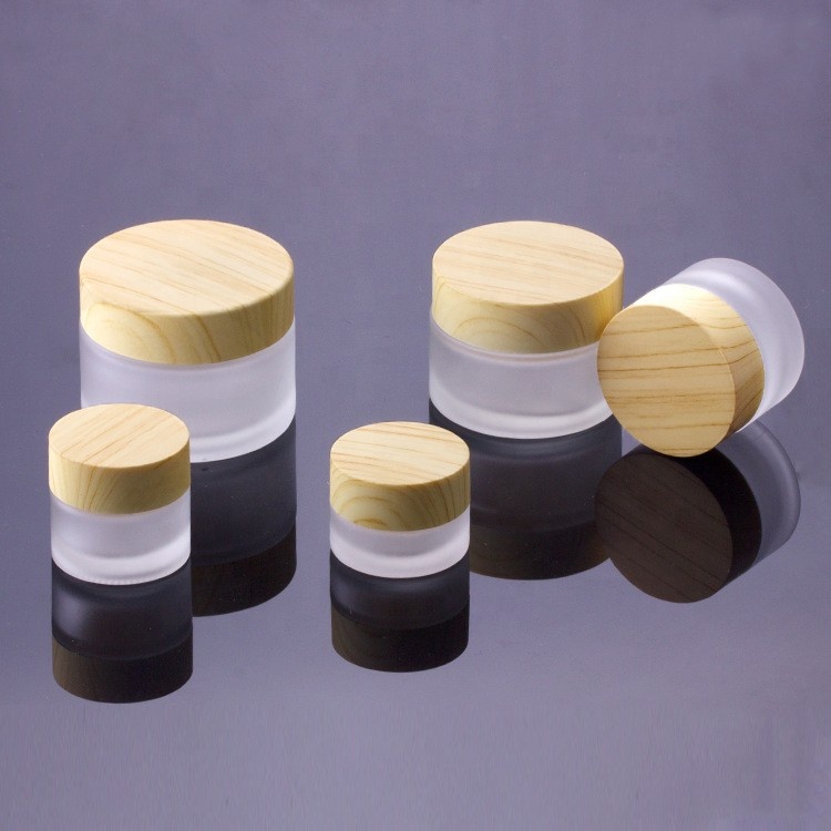 inclined shoulder wood grain 15 g 30g 50 g cosmetic packaging cream frosted glass jar with water transfer wooden lid and spoon