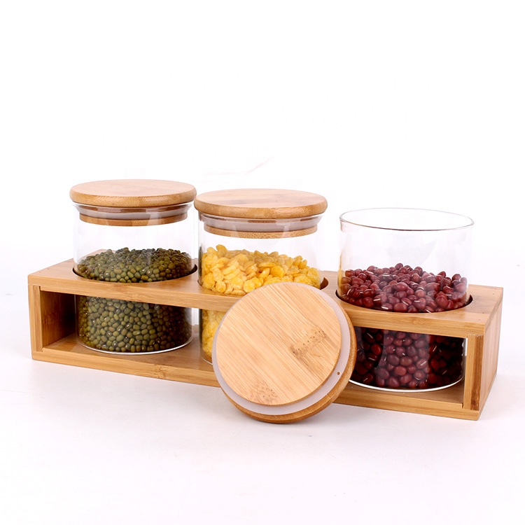 kitchen 500ml borosilicate glass storage food spice container with bamboo lid and spoon
