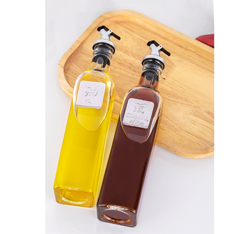 kitchen 500ml square glass vinegar bottle oil bottle with with pourer spout lid