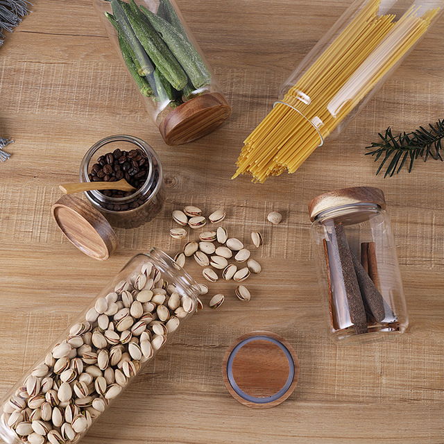kitchen Storage Round Borosilicate glass jar with Acacia wooden lid