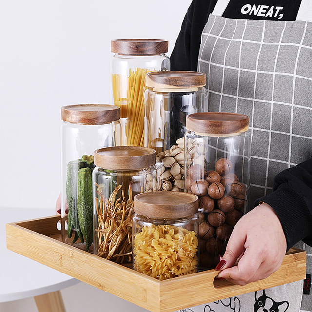 kitchen Storage Round Borosilicate glass jar with Acacia wooden lid
