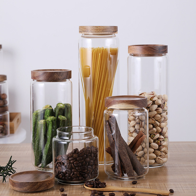 kitchen Storage Round Borosilicate glass jar with Acacia wooden lid