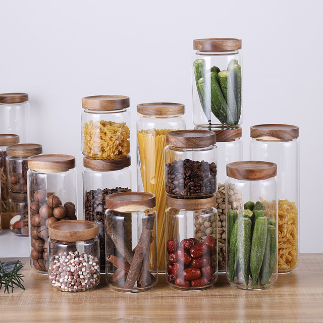 kitchen Storage Round Borosilicate glass jar with Acacia wooden lid
