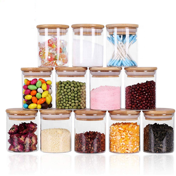 kitchen Storage glass jar with bamboo wood lid Glass container with lid