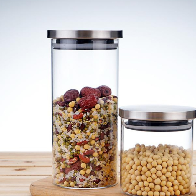kitchen airtight round clear glass food storage jar with stainless lid