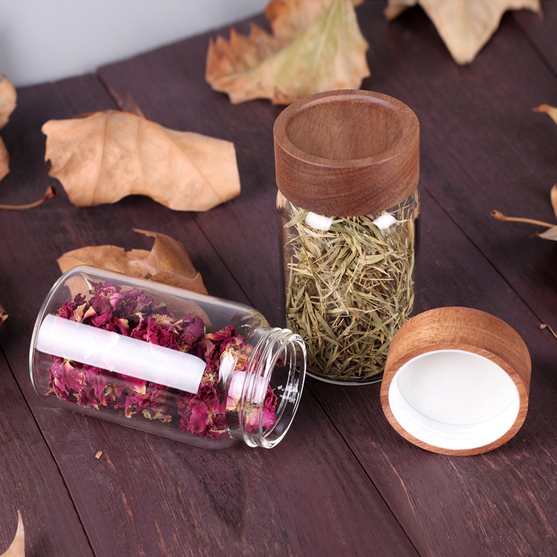 kitchen storage glass jar with Acacia wood lid with wood lid glass container