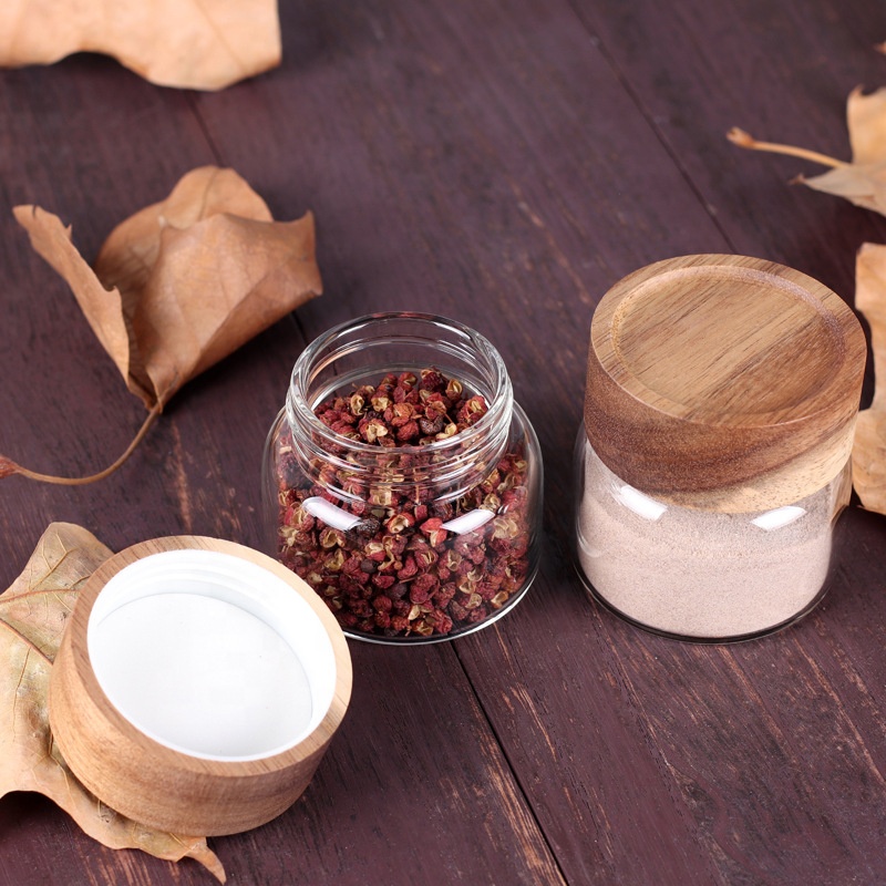 kitchen storage glass jar with Acacia wood lid with wood lid glass container
