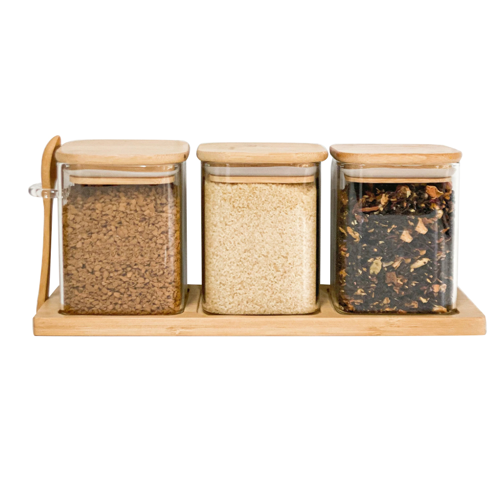 kitchen storage square glass jar set spice container with bamboo tray