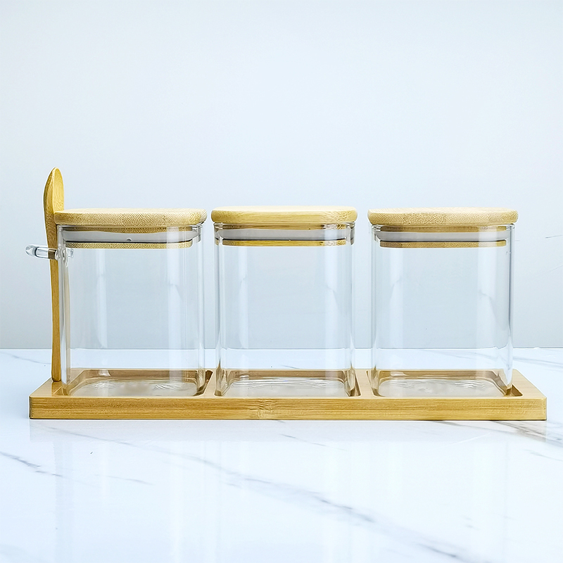 kitchen storage square glass jar set spice container with bamboo tray