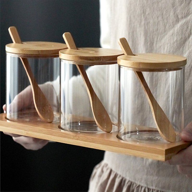 kitchenware clear honey storage glass jar salt spice glass bottle and jar with bamboo spoon