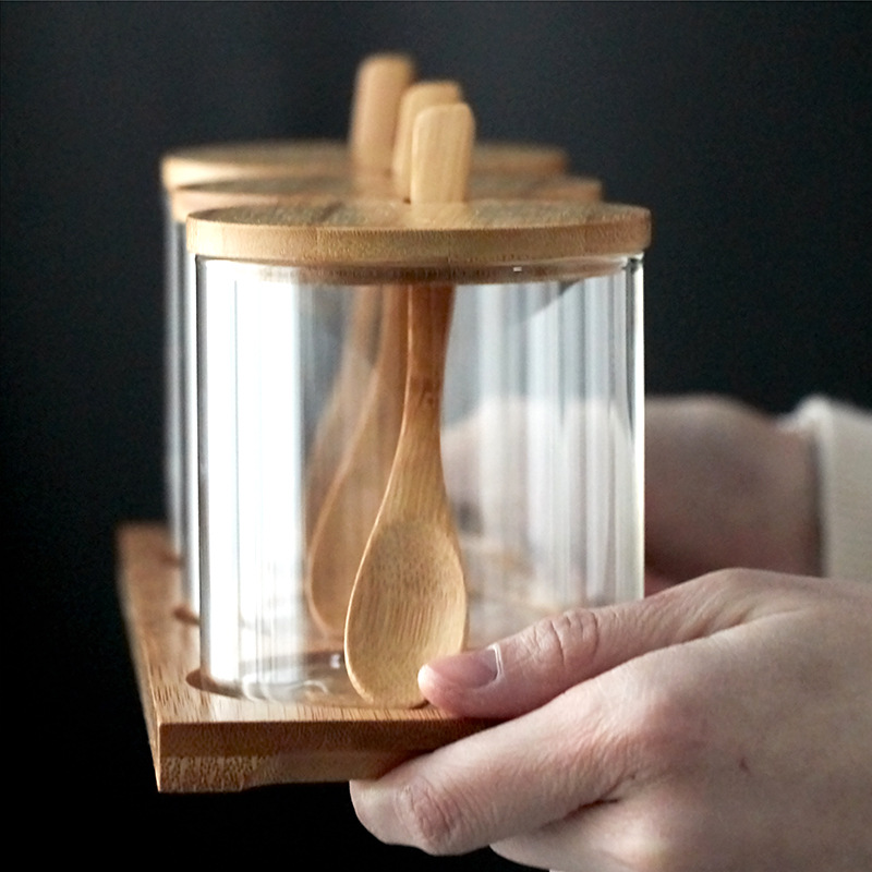 kitchenware clear honey storage glass jar salt spice glass bottle and jar with bamboo spoon