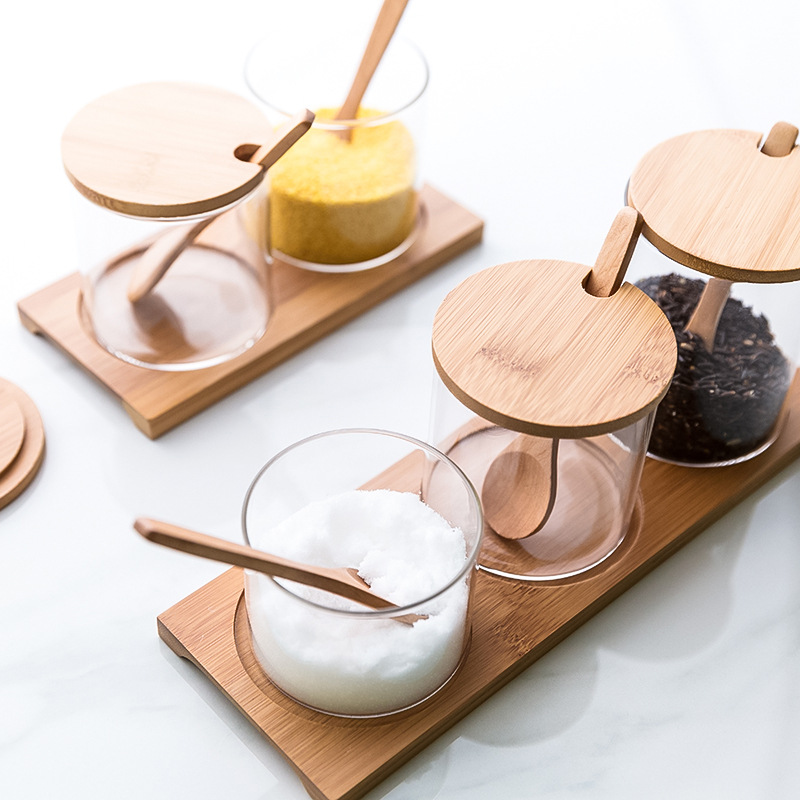kitchenware clear honey storage glass jar salt spice glass bottle and jar with bamboo spoon
