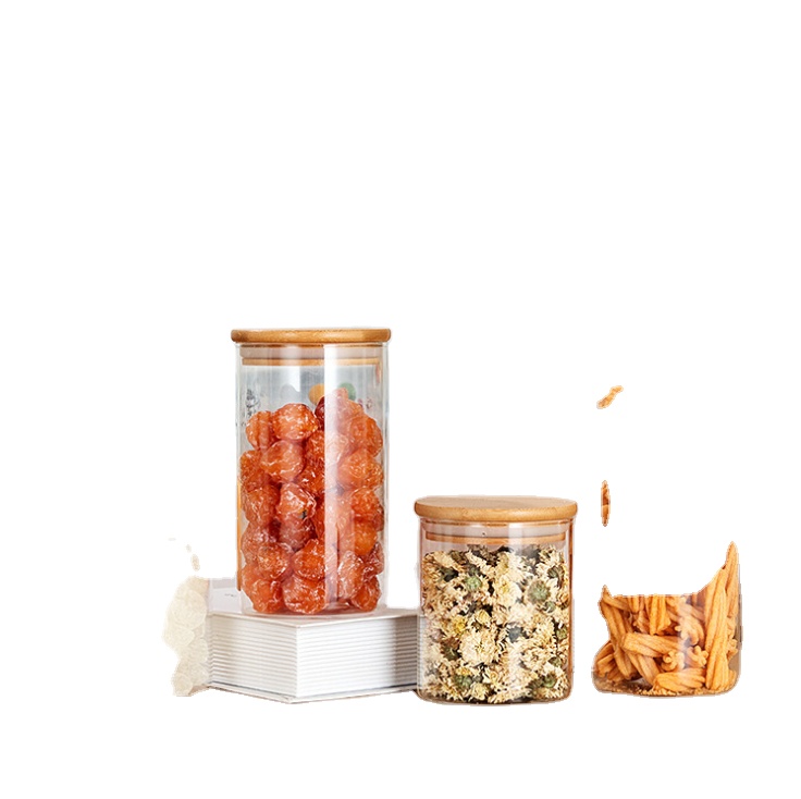 large empty airtight round bamboo lid glass storage jar for 500ml tea storage jar