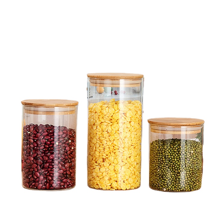 large empty airtight round bamboo lid glass storage jar for 500ml tea storage jar