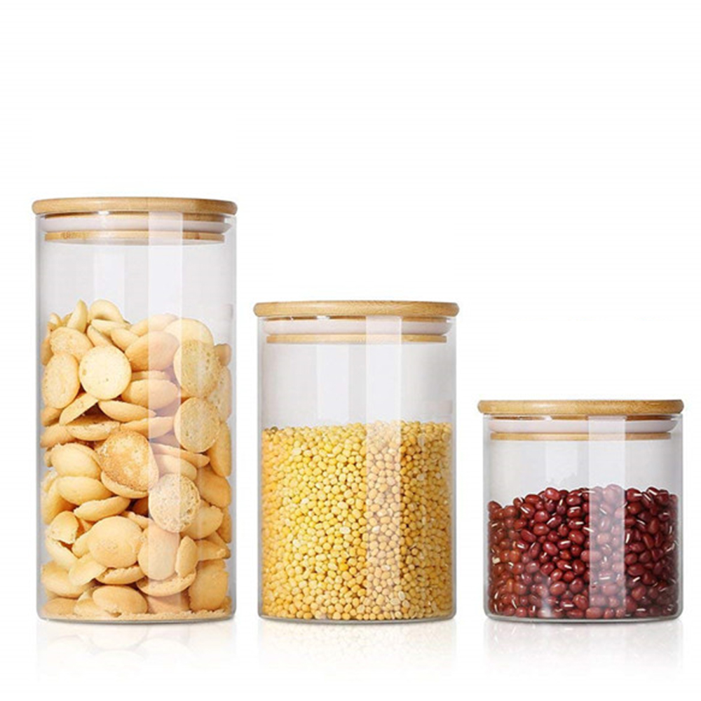 large glass canister with lid / tall glass container with lid / glass container bamboo lid