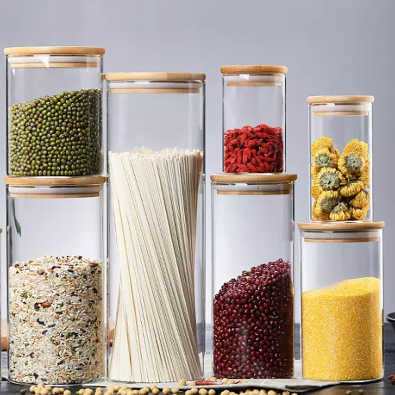 large glass canister with lid / tall glass container with lid / glass container bamboo lid