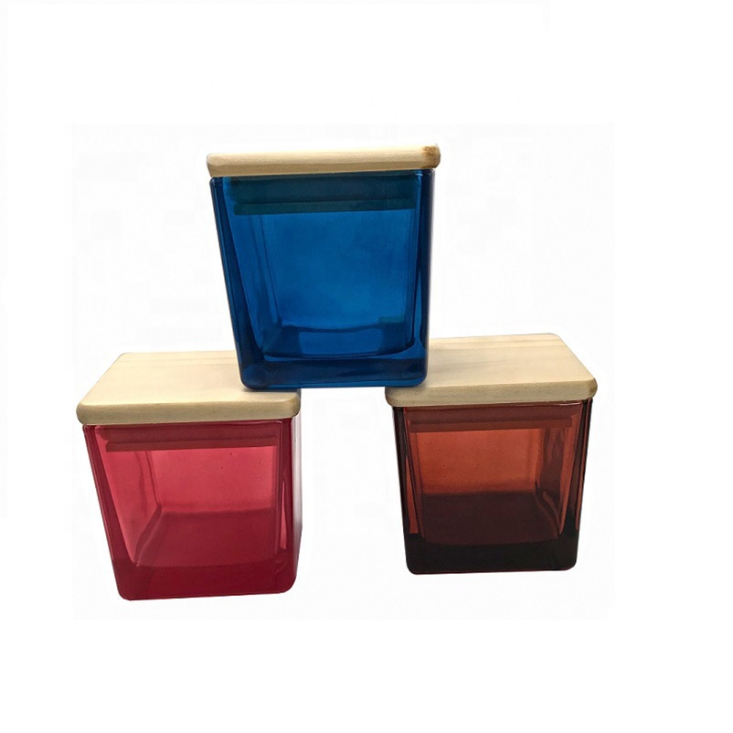 large luxury wholesale square clear gift art glass candle holder glass jar Matte black white glass candle holder with wooden lid