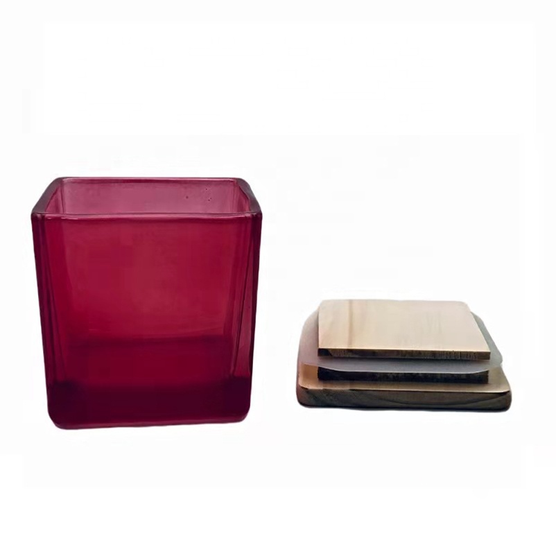 large luxury wholesale square clear gift art glass candle holder glass jar Matte black white glass candle holder with wooden lid