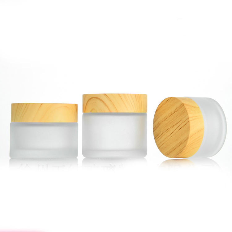 lightweight customized logo easy to use matte thickened Glass Cream Bottle Jar with wood grain cap 50g