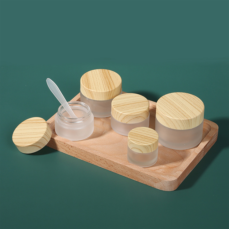 lightweight customized logo easy to use matte thickened Glass Cream Bottle Jar with wood grain cap 50g