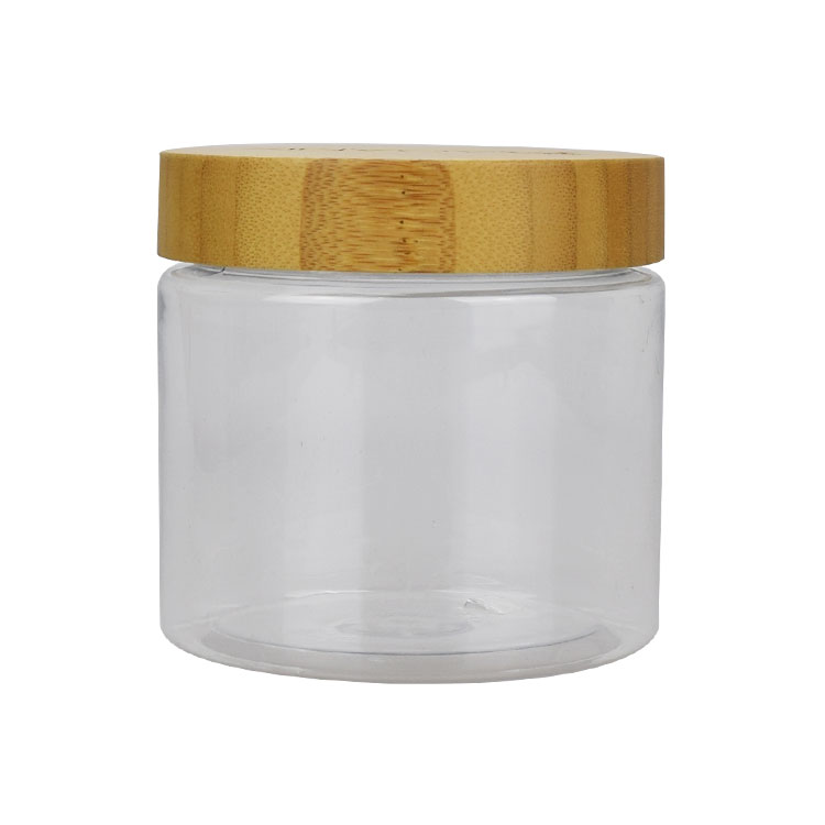 logo engraving 50ml 150ml 250ml 500ml bamboo 8oz cosmetic jars clear plastic body scrub jars with wood lid