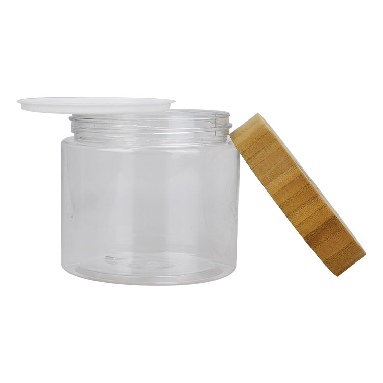 logo engraving 50ml 150ml 250ml 500ml bamboo 8oz cosmetic jars clear plastic body scrub jars with wood lid