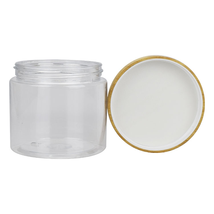 logo engraving 50ml 150ml 250ml 500ml bamboo 8oz cosmetic jars clear plastic body scrub jars with wood lid
