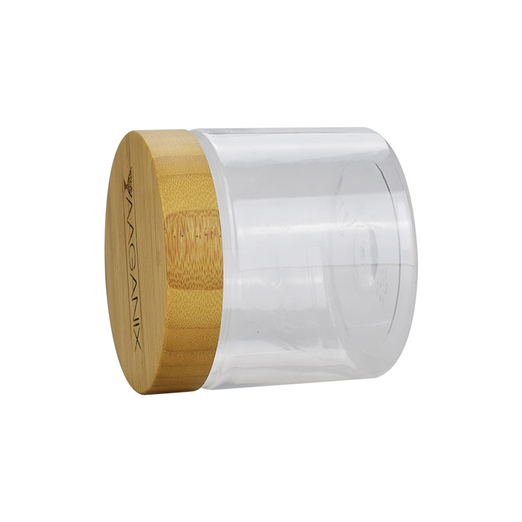 logo engraving 50ml 150ml 250ml 500ml bamboo 8oz cosmetic jars clear plastic body scrub jars with wood lid
