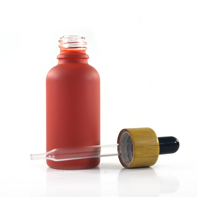 logo printing engraving 30ml 1oz matte black white purple red orange frosted glass dropper bottle with bamboo dropper lid