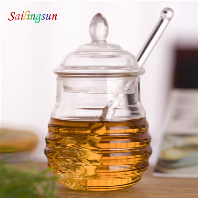 lovely customization capacity clear lid stick handcraft pyrex glass honey jar