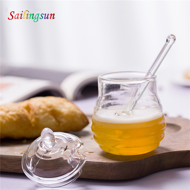 lovely customization capacity clear lid stick handcraft pyrex glass honey jar