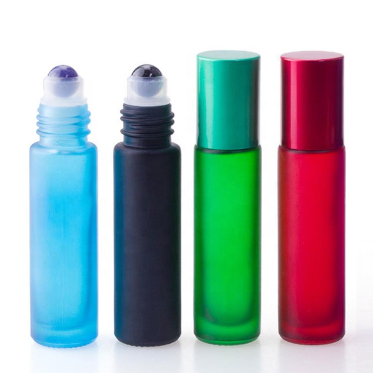 lower moq cosmetic sample package frosted green orange black perfume bottle glass 10ml with stainless steel roll on