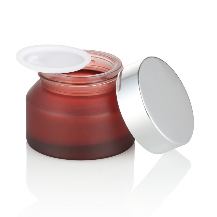 luxury 15g 30g 50g high quality slant shoulder frosted red glass cosmetic packaging jar with matte silver metal lid