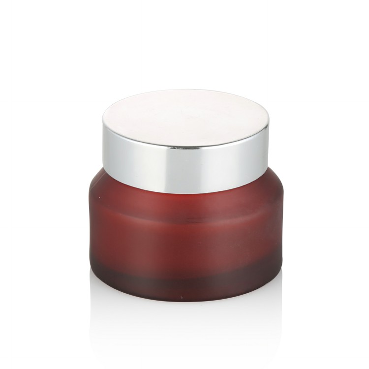 luxury 15g 30g 50g high quality slant shoulder frosted red glass cosmetic packaging jar with matte silver metal lid