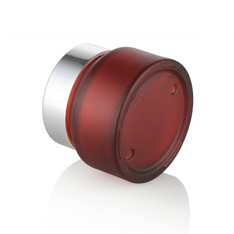 luxury 15g 30g 50g high quality slant shoulder frosted red glass cosmetic packaging jar with matte silver metal lid