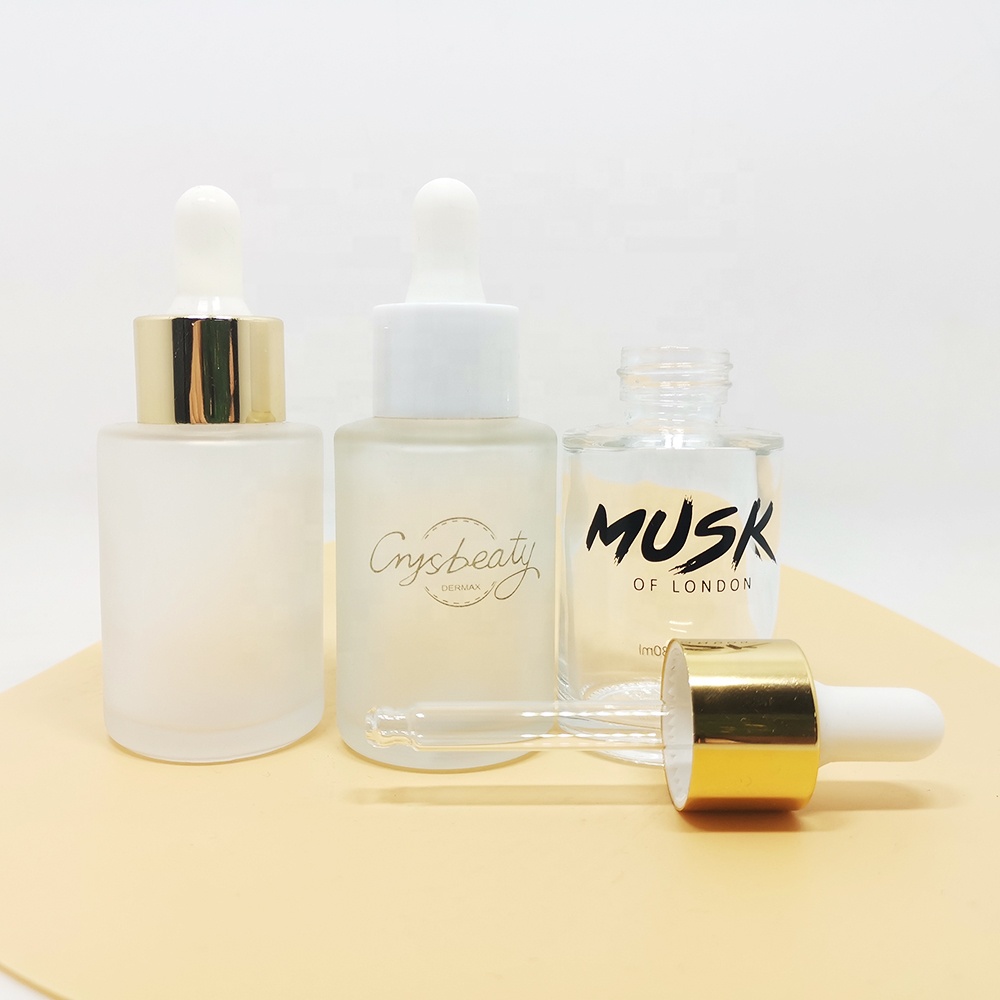luxury 15ml 30ml 50ml flat round clear green pink froest glass face and hair serum dropper essential oil bottle