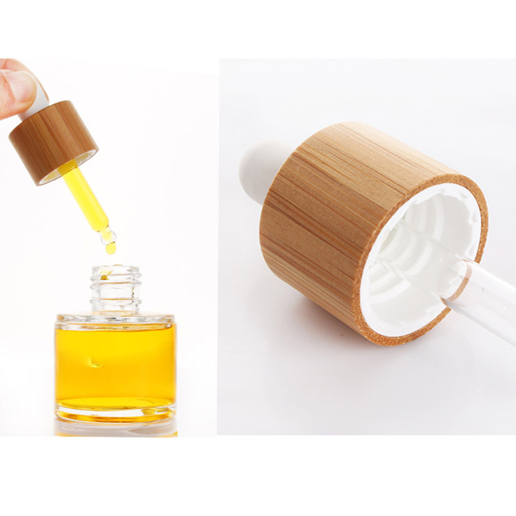 luxury 15ml 30ml 50ml flat shoulder clear glass dropper bottle with bamboo cap ring wholesale cosmetic CBD essential oil bottle