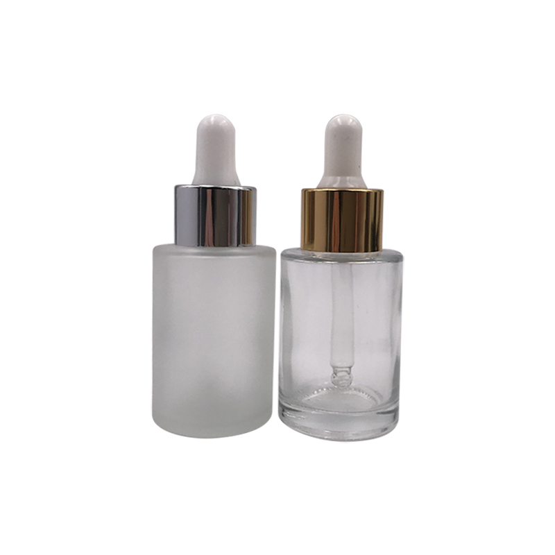 luxury 1oz amber frosted clear 30ml essential oil flat shoulder serums glass dropper bottle with aluminum lid
