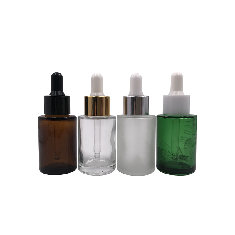 luxury 1oz amber frosted clear 30ml essential oil flat shoulder serums glass dropper bottle with aluminum lid