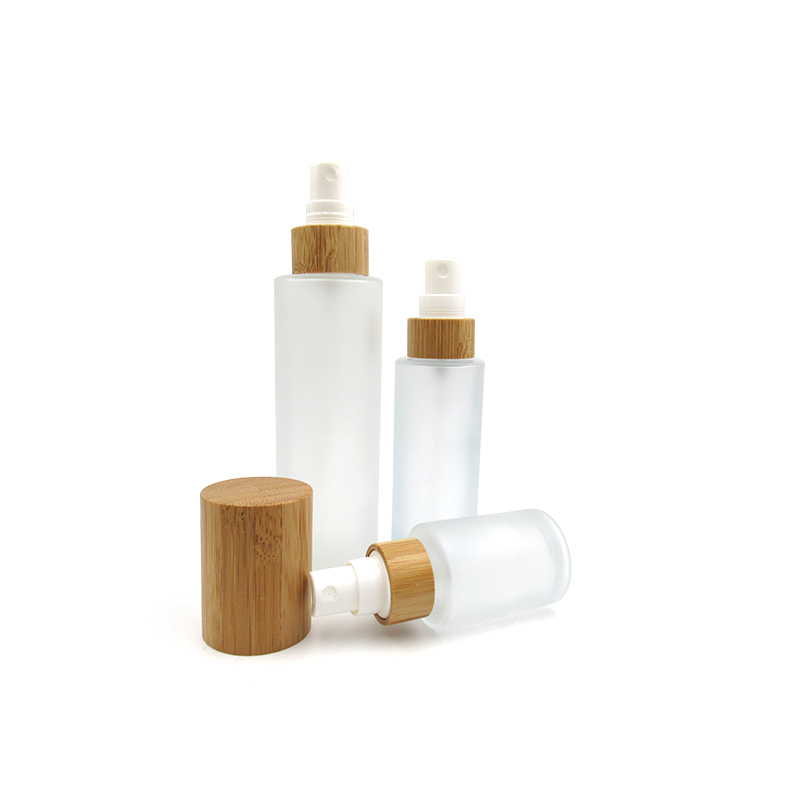 luxury 30ml Frosted glass lotion pump bottle with bamboo lid cosmetics containers and packaging