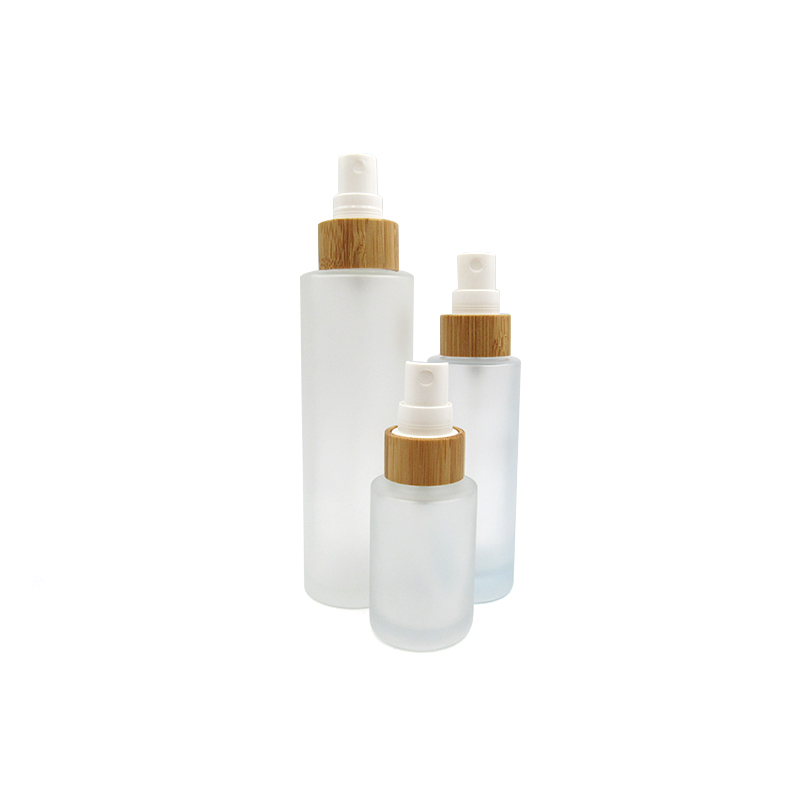 luxury 30ml Frosted glass lotion pump bottle with bamboo lid cosmetics containers and packaging