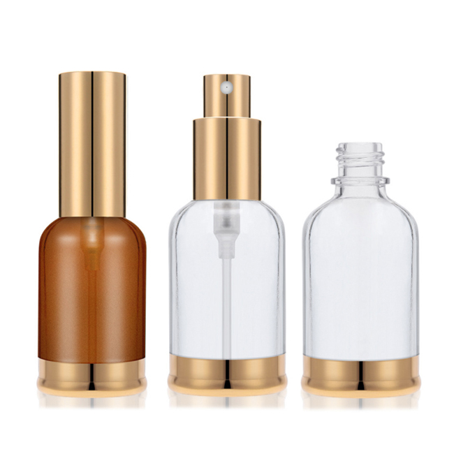 luxury 30ml clear glass round CBD cosmetic essential oil spray bottle perfume bottle container with gold mist sprayer lid bottom