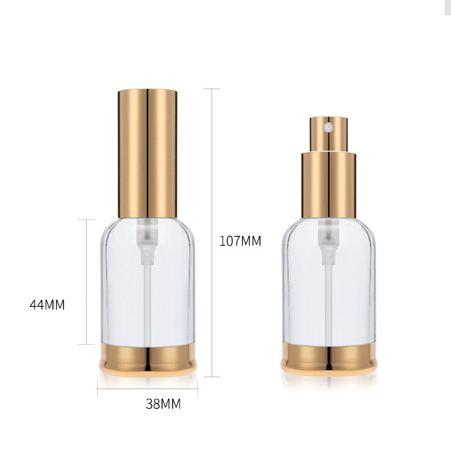 luxury 30ml clear glass round CBD cosmetic essential oil spray bottle perfume bottle container with gold mist sprayer lid bottom