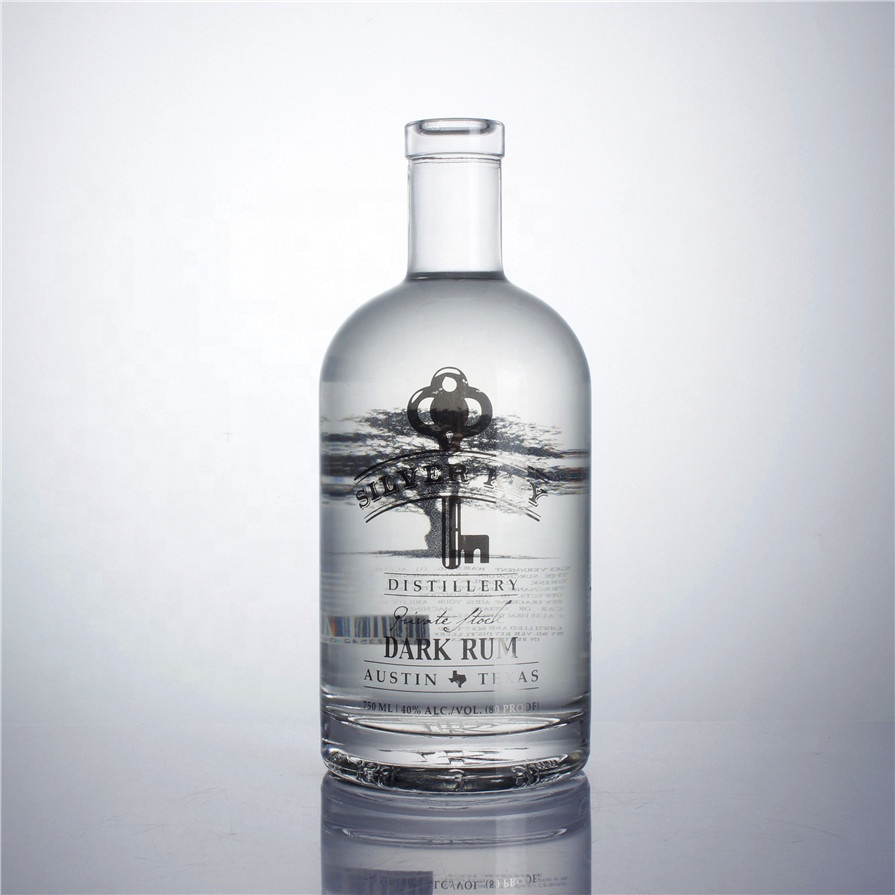 luxury 375 ml 500 ml 750 ml 1000 ml cork top screw GPI top cap round whiskey vodka brandy spirits glass bottles