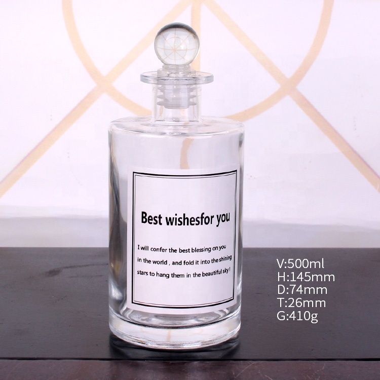 luxury 500ml empty clear glass diffuser bottle round glass aroma bottle with glass stopper