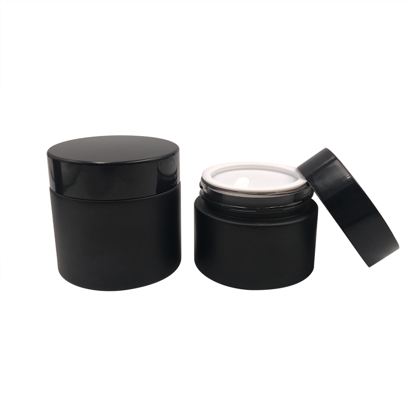 luxury 50ml 50g Matte Black Glass Cream Jar with black cap Skin care packaging