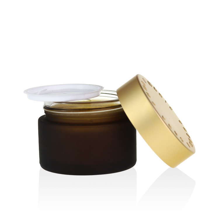luxury 50ml amber frosted glass cream jar 10g 20g 30g 50g 100g 200g suger body scrub frosted amber glass jar golden lid