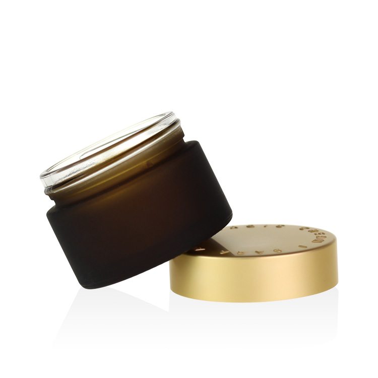 luxury 50ml amber frosted glass cream jar 10g 20g 30g 50g 100g 200g suger body scrub frosted amber glass jar golden lid