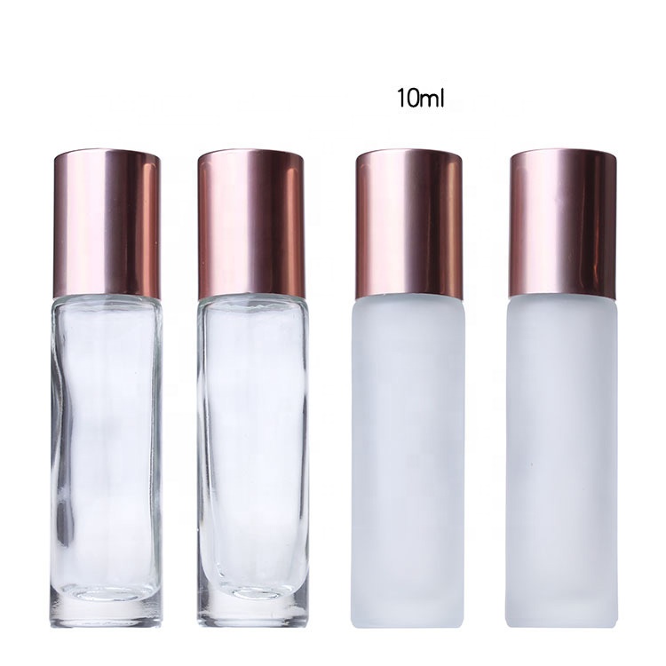 luxury 5ml 10ml amber clear frosted glass rose gold lids perfume glass bottle roller bottle for essential oil