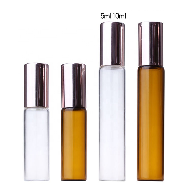 luxury 5ml 10ml amber clear frosted glass rose gold lids perfume glass bottle roller bottle for essential oil
